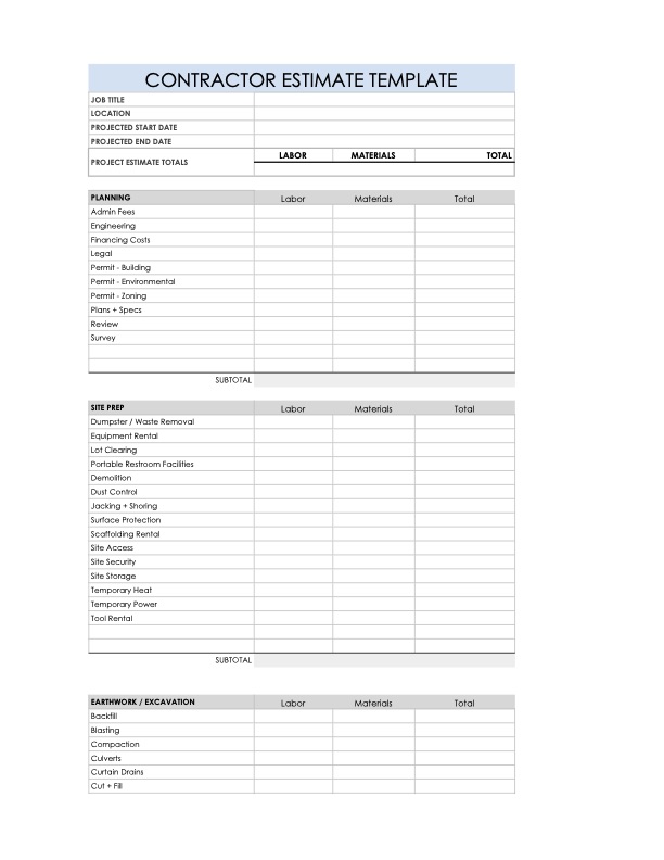 Detailed Construction Estimate Template - Preview
