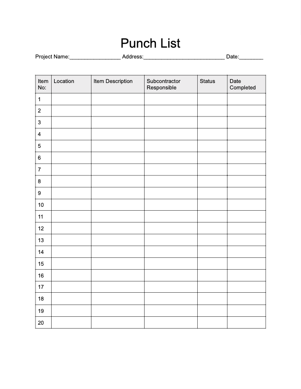 Simple punch list template preview