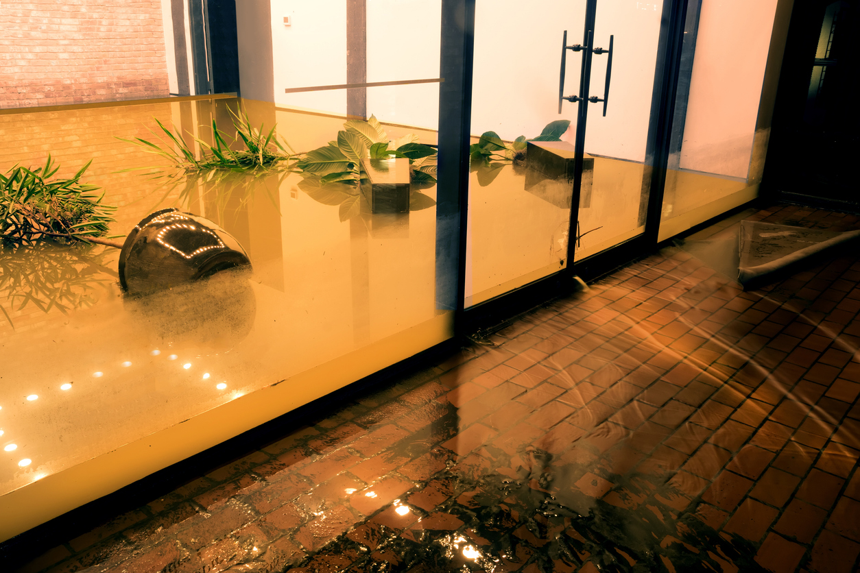 Water flowing through doors from Tropical Storm