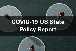 Image of people social distancing with the text COVID-19 US State Policy Report overlaid on top