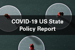 Image of people social distancing with the text COVID-19 US State Policy Report overlaid on top