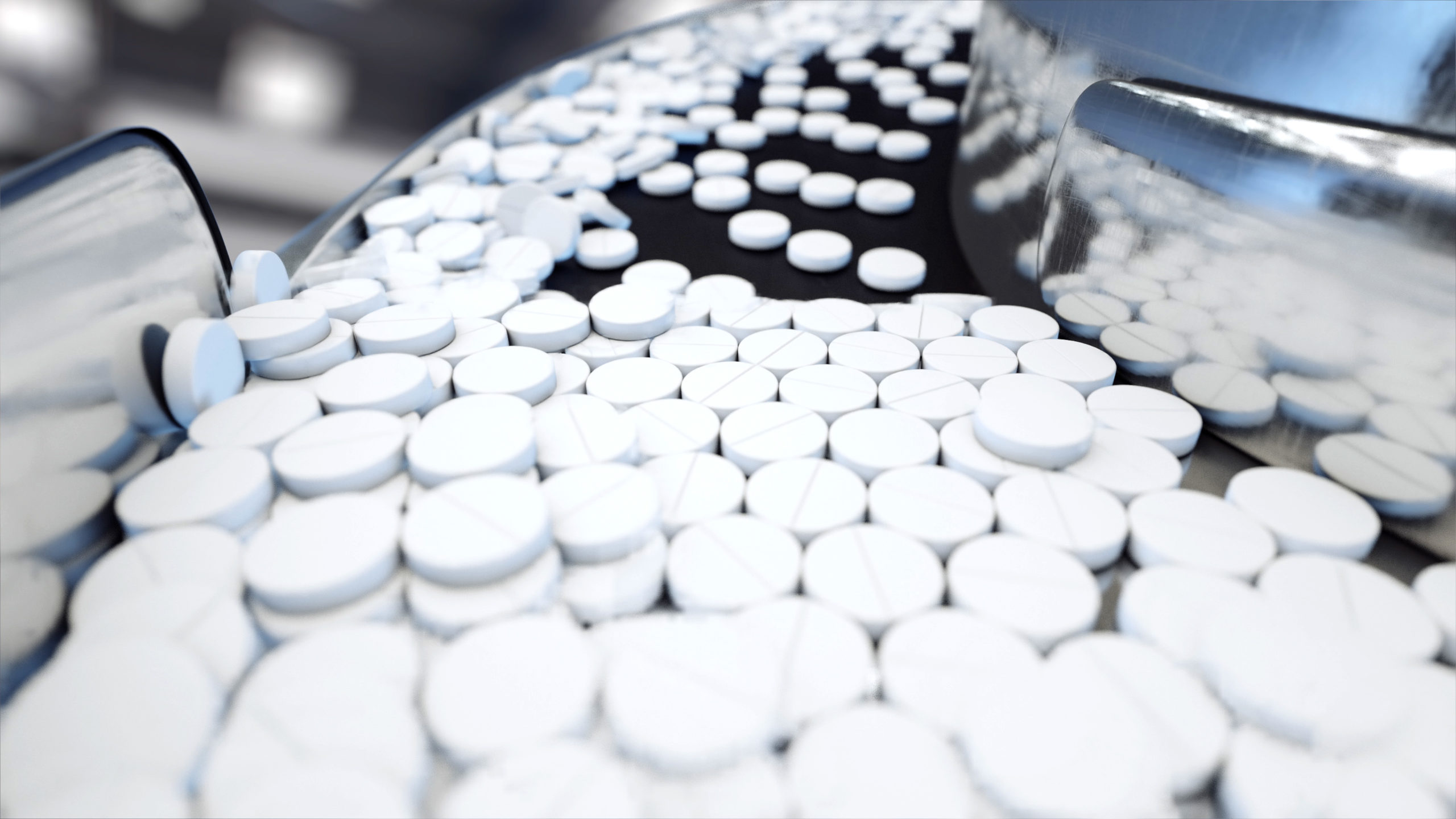 Process of production of pills, tablets. Industrial pharmaceutical concept. Factory equipment and machine. Steel. 3d rendering.