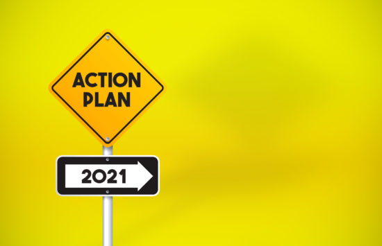 Action Plan 2021 Directional Road Sign On Yellow Background