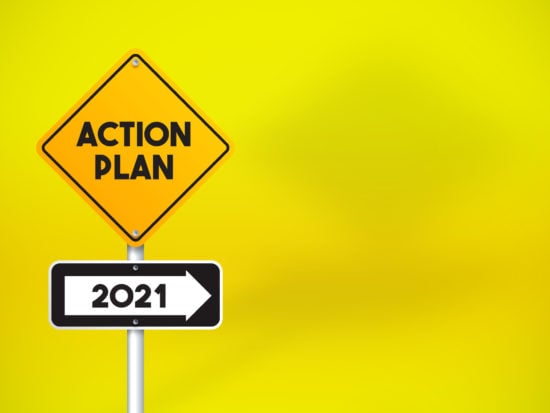 Action Plan 2021 Directional Road Sign On Yellow Background