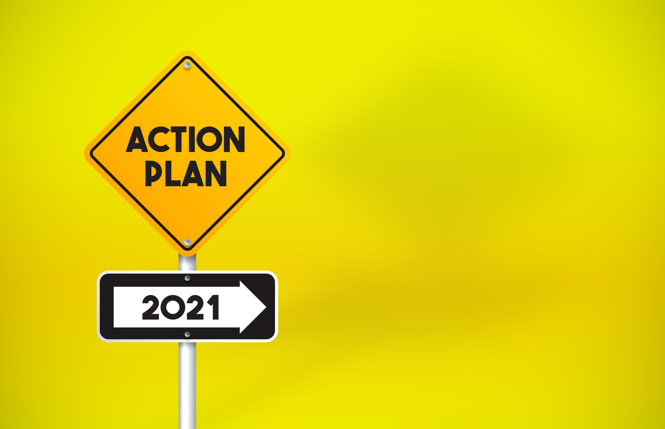 Action Plan 2021 Directional Road Sign On Yellow Background