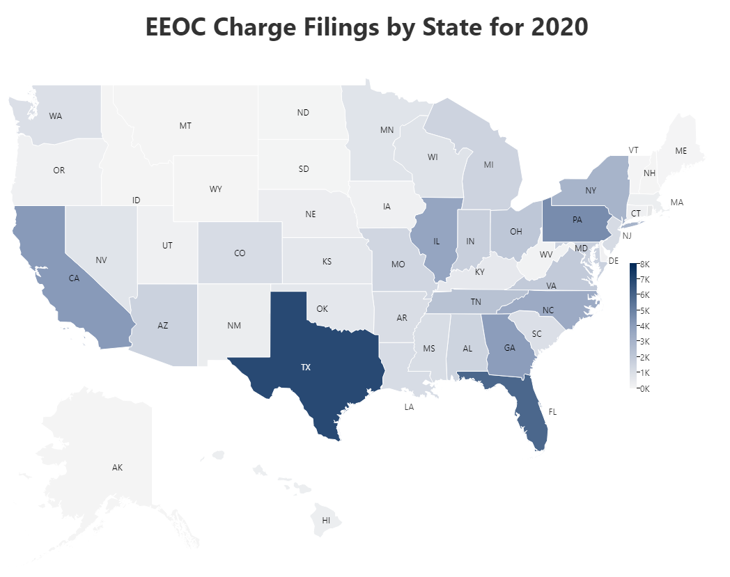 EEOC Charge Filings by State for 2020 Map