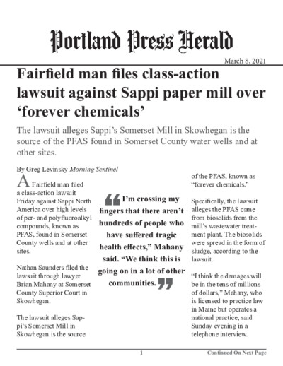 Click for document: Fairfield man files class-action lawsuit against Sappi paper mill over ‘forever chemicals’ Fairfield man files class-action lawsuit against Sappi paper mill over ‘forever chemicals’