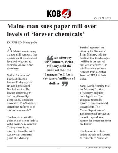 Click for document: Maine man sues paper mill over levels of 'forever chemicals' Maine man sues paper mill over levels of 'forever chemicals'