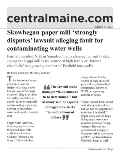 Click for document: Skowhegan paper mill ‘strongly disputes’ lawsuit alleging fault for contaminating water wells Skowhegan paper mill ‘strongly disputes’ lawsuit alleging fault for contaminating water wells