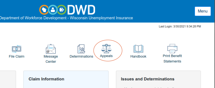 Selecting the appeals option on the new portal