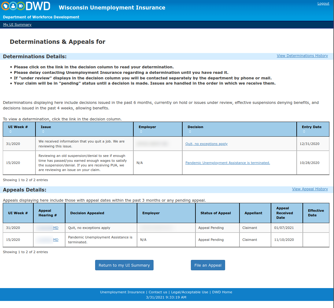 Determinations and appeals for a claimant