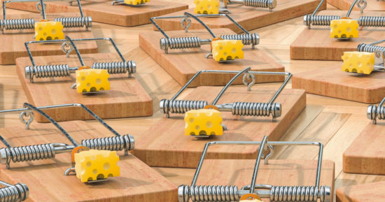 Mouse traps with cheese on the floor, 3D rendering