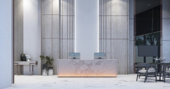 Reception waiting area lobby with wall decorate sales gallery on white marble floor and table with chair 3d rendering