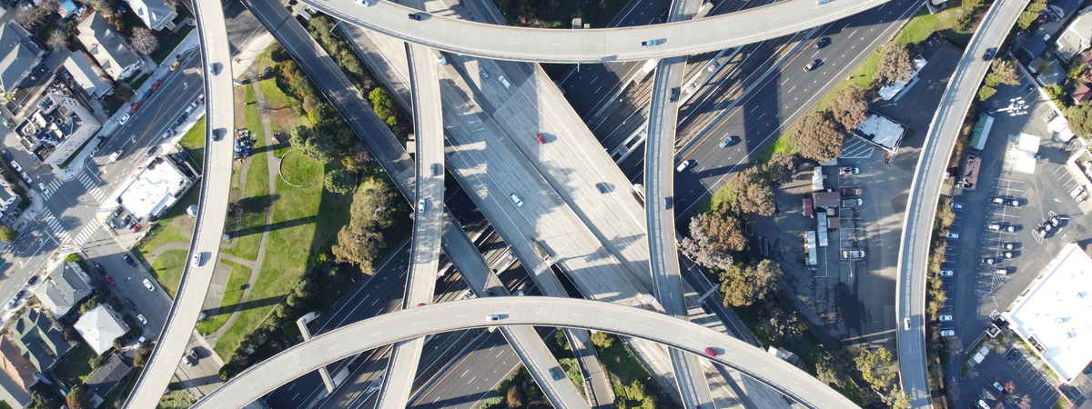 A beautiful aerial shot of the MacArthur Maze, Oakland CA