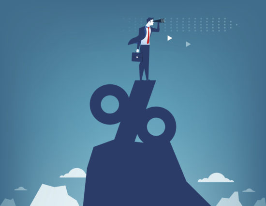 Man looking through telescope standing on top of percentage sign. Concept business illustration