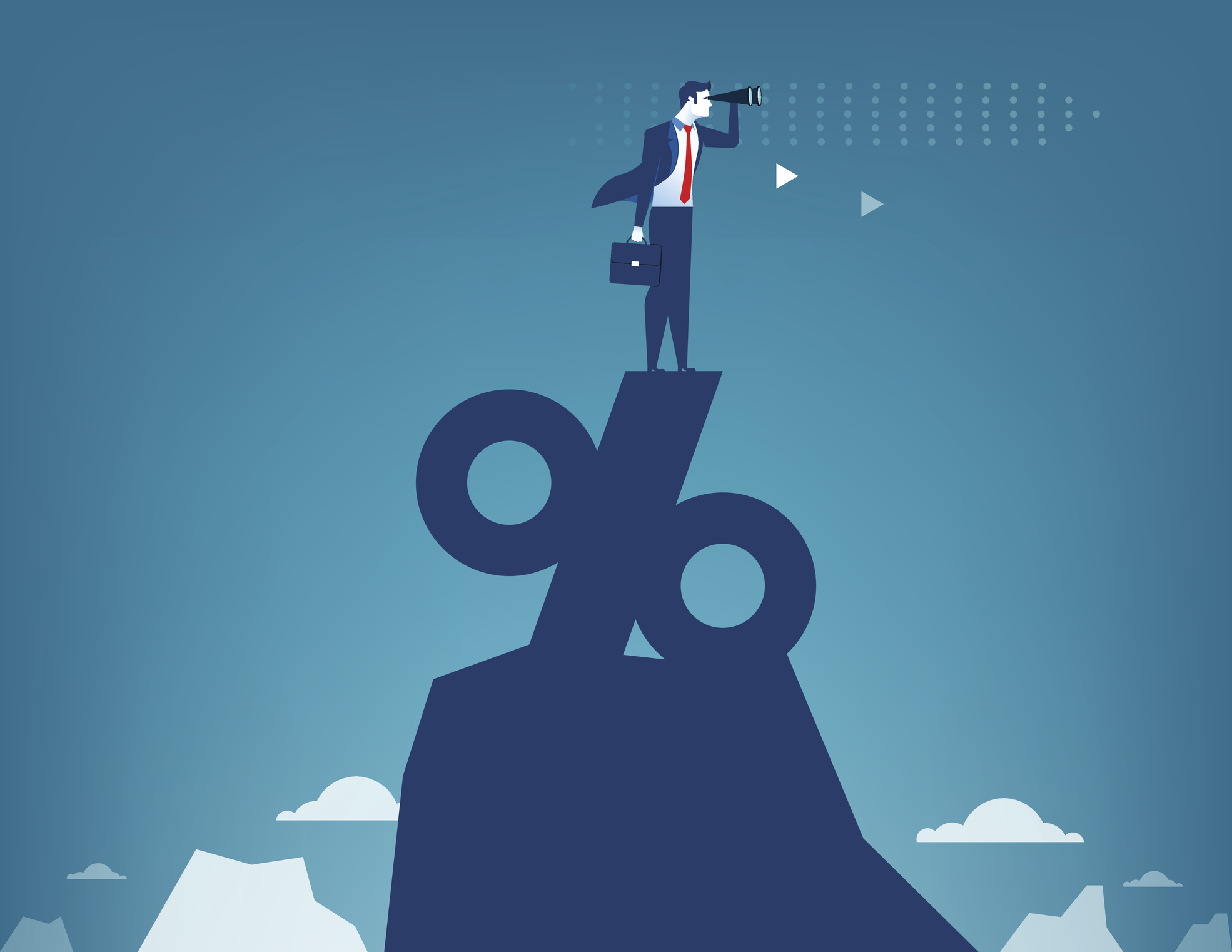 Man looking through telescope standing on top of percentage sign. Concept business illustration