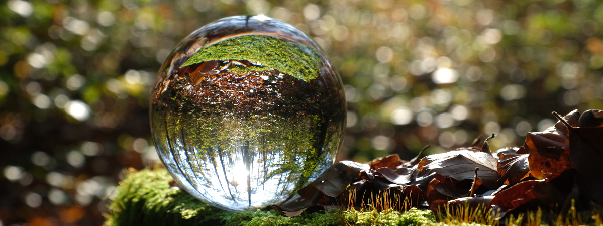 Reflection of colourful autumn forest and shunshine inside lensball Global warming and climate change