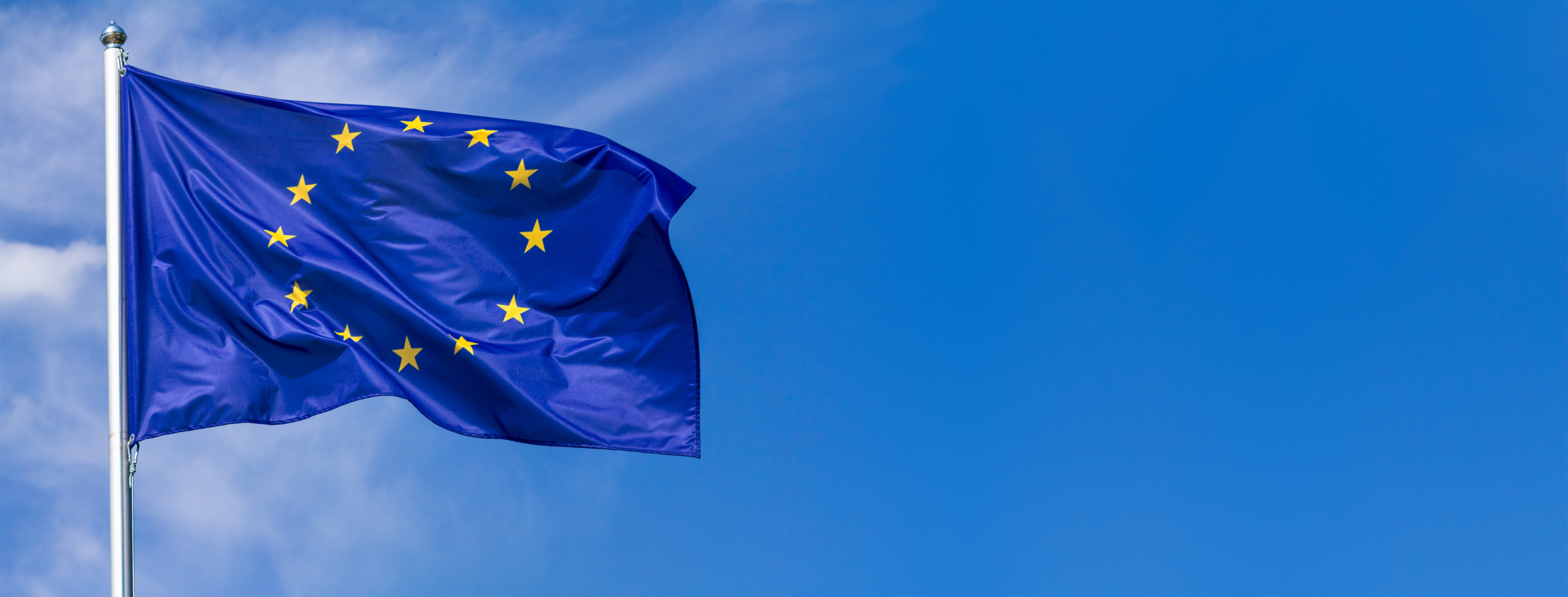 Flag of the European Union waving in the wind on flagpole against the sky with clouds, banner