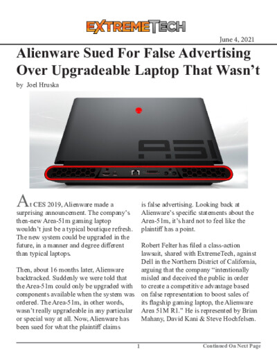 Click for document: Alienware Sued For False Advertising Over Upgradeable Laptop That Wasn’t Alienware Sued For False Advertising Over Upgradeable Laptop That Wasn’t