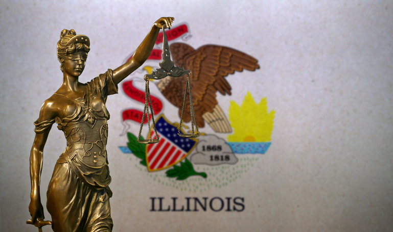 Lady Justice before a flag of Illinois
