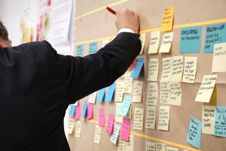 Legal Project Manager Using Post-its A man in a suit, a legal project manager, writes on a post-it note, which is stuck to a corkboard with dozens of other post-it notes