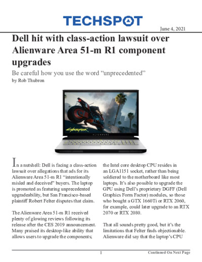 Click for document: Dell hit with class-action lawsuit over Alienware Area 51-m R1 component upgrades Dell hit with class-action lawsuit over Alienware Area 51-m R1 component upgrades