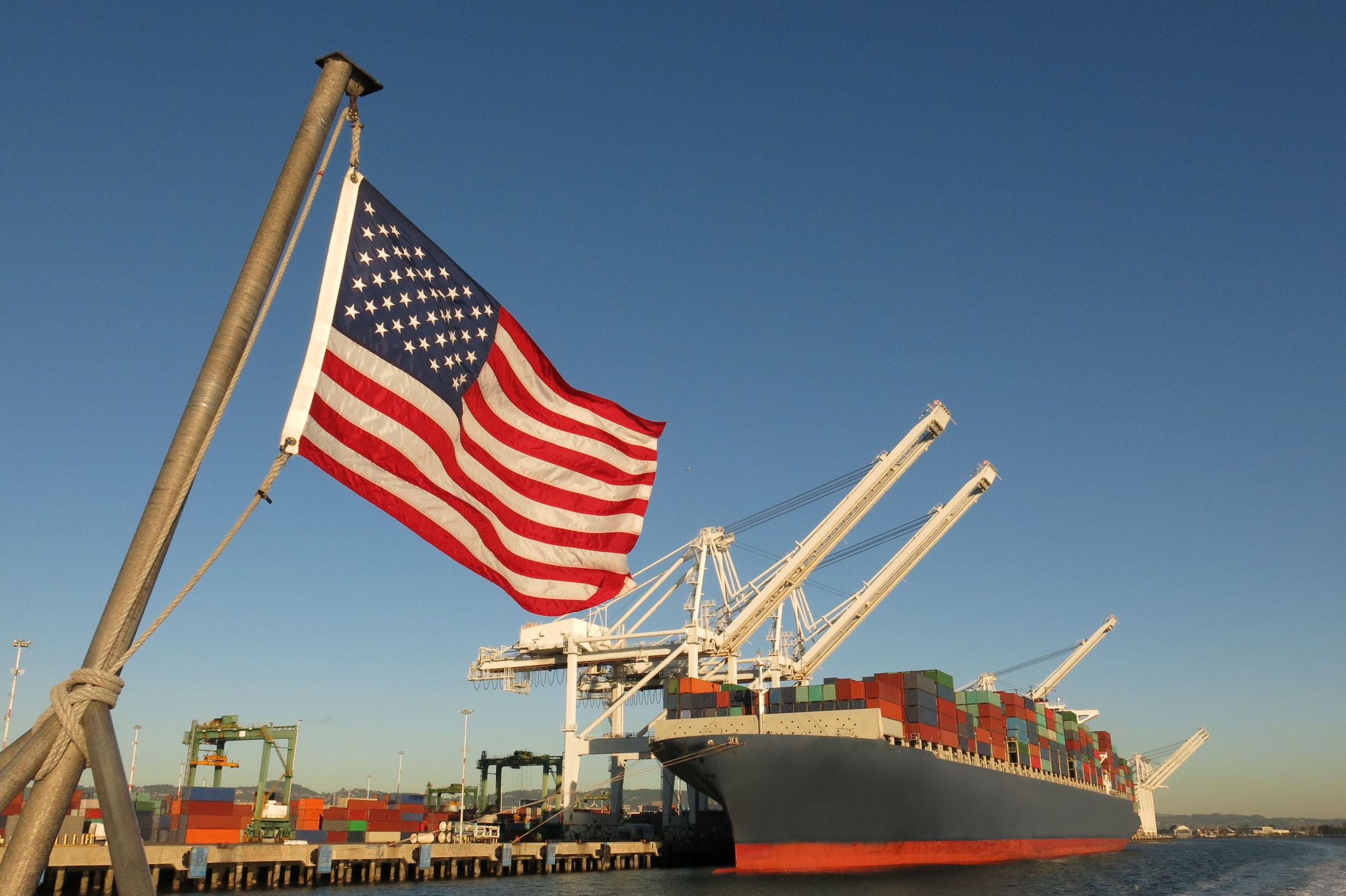 American flag US port container ship symbols economy industry pride