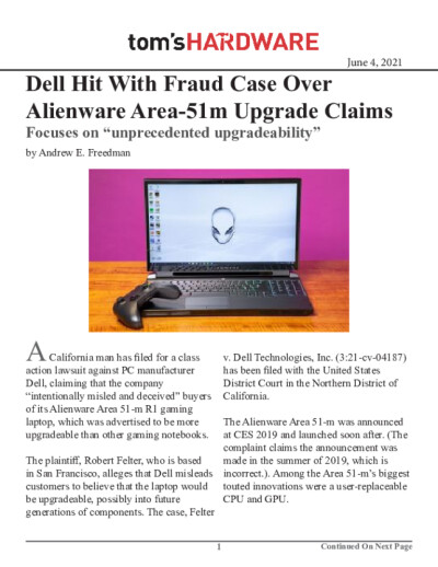 Click for document: Dell Hit With Fraud Case Over Alienware Area-51m Upgrade Claims Dell Hit With Fraud Case Over Alienware Area-51m Upgrade Claims