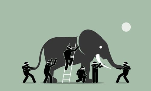 "illustration of blindfolded people touching elephant"
