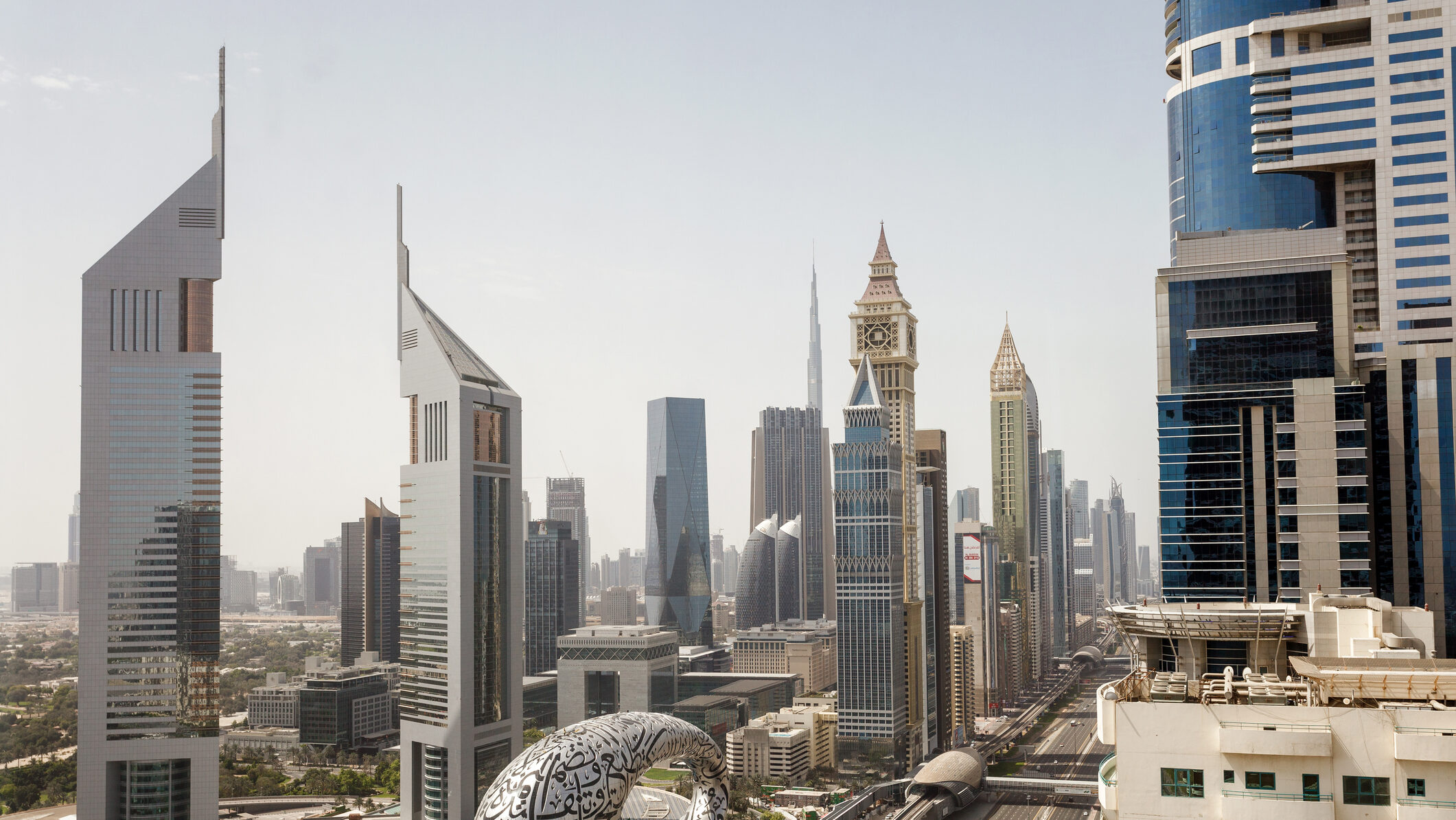 Sheikh Zayed Road, top view on  Museum Of The Future, Jumeirah Emirates Towers Hotel, Gevora Hotel, DIFC, Al-Yaqub Tower, Burj Khalifa