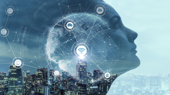 merging of photos with the side profile of a woman intertwined with technology webs; image used for blog post about not-for-profits benefitting from AI