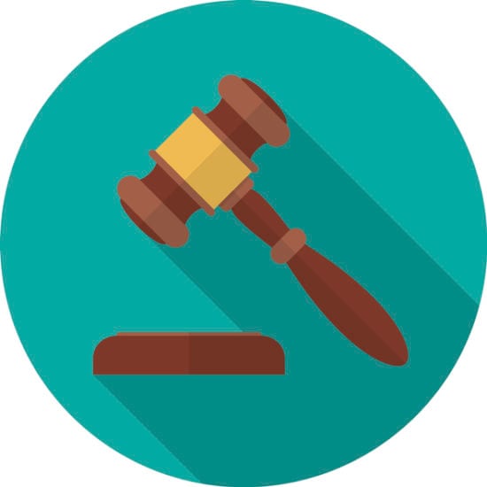 Judge gavel or auction hammer icon with long shadow.