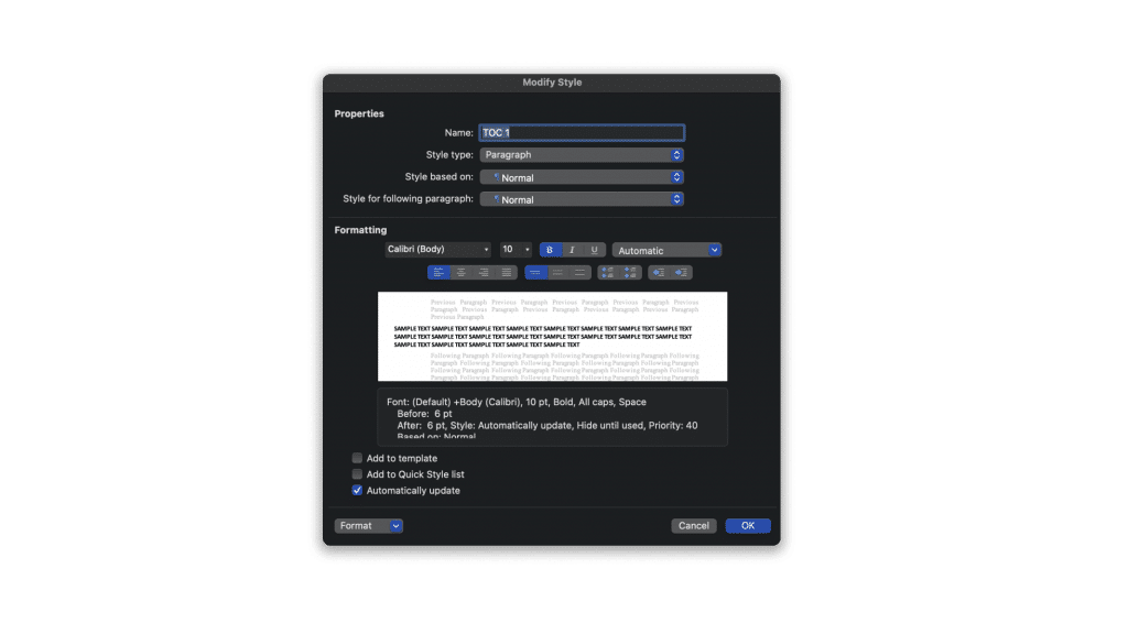 Modify ToC