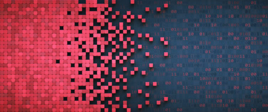 Abstract big data representation in red color with binary numbers and 3D cube shapes