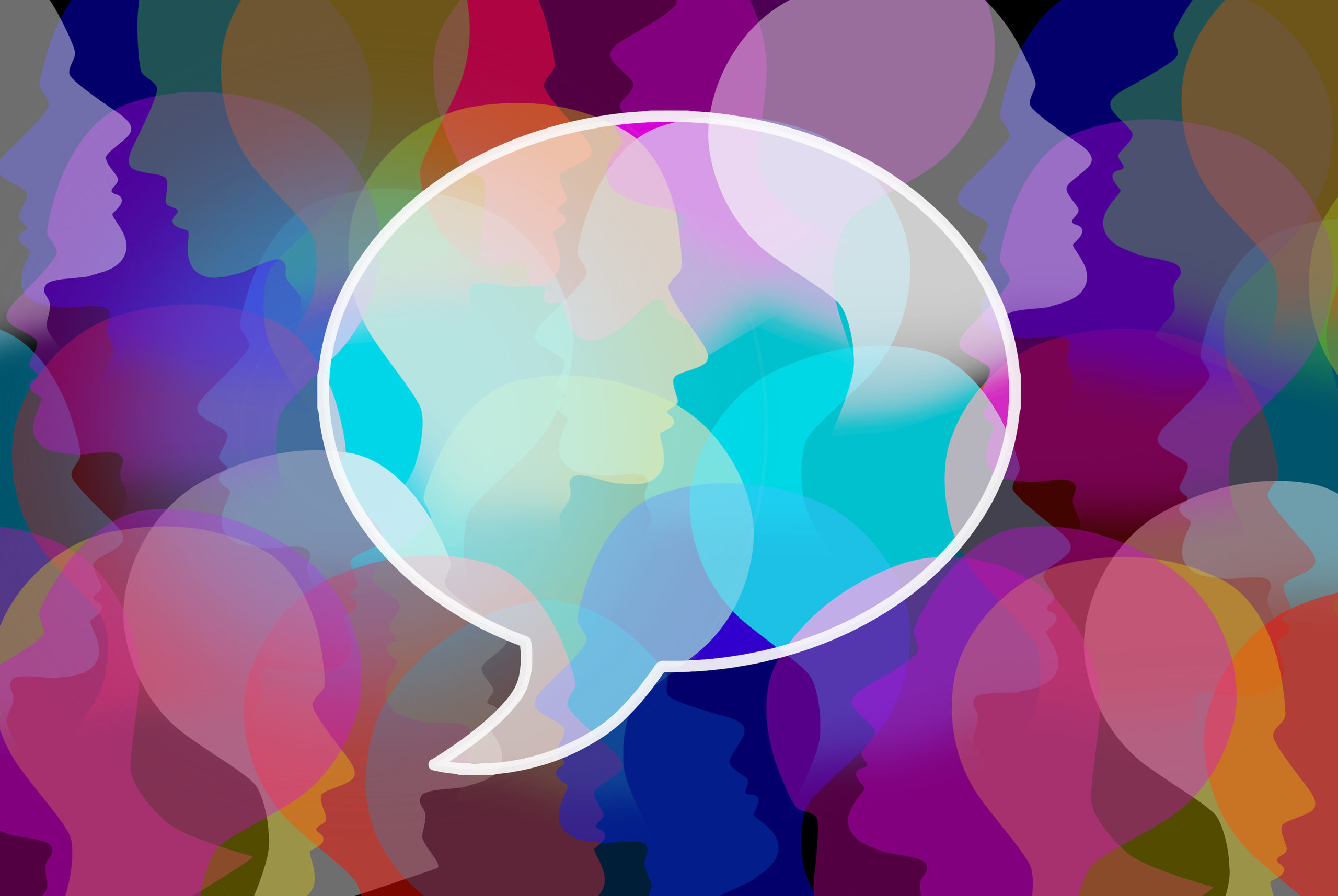 stock image of multicolorful silhouettes and a speech bubble in the middle; image used for blog post about upcoming Houston events