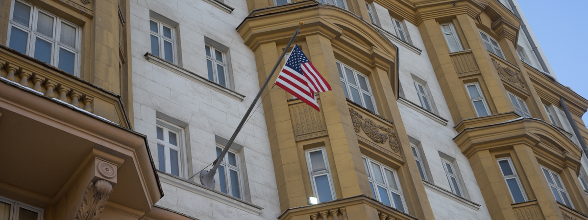 The US national flag on the building of the Embassy of the United States of America in Moscow.