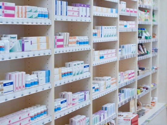 Shelves stacked with medicines
