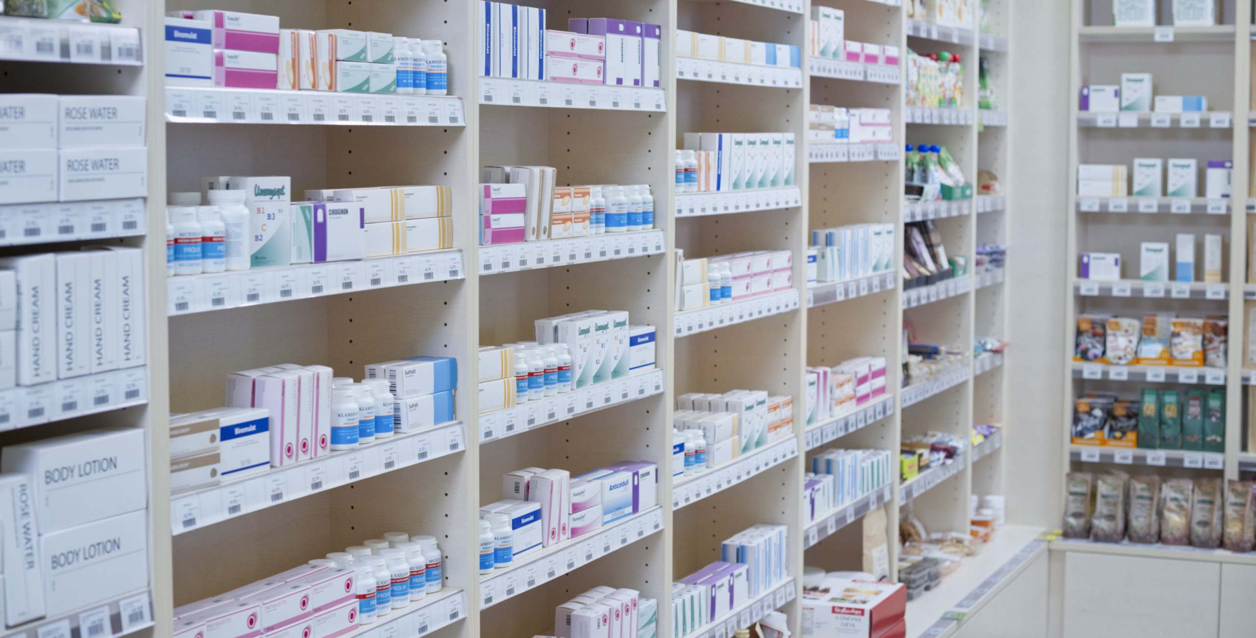 Shelves stacked with medicines