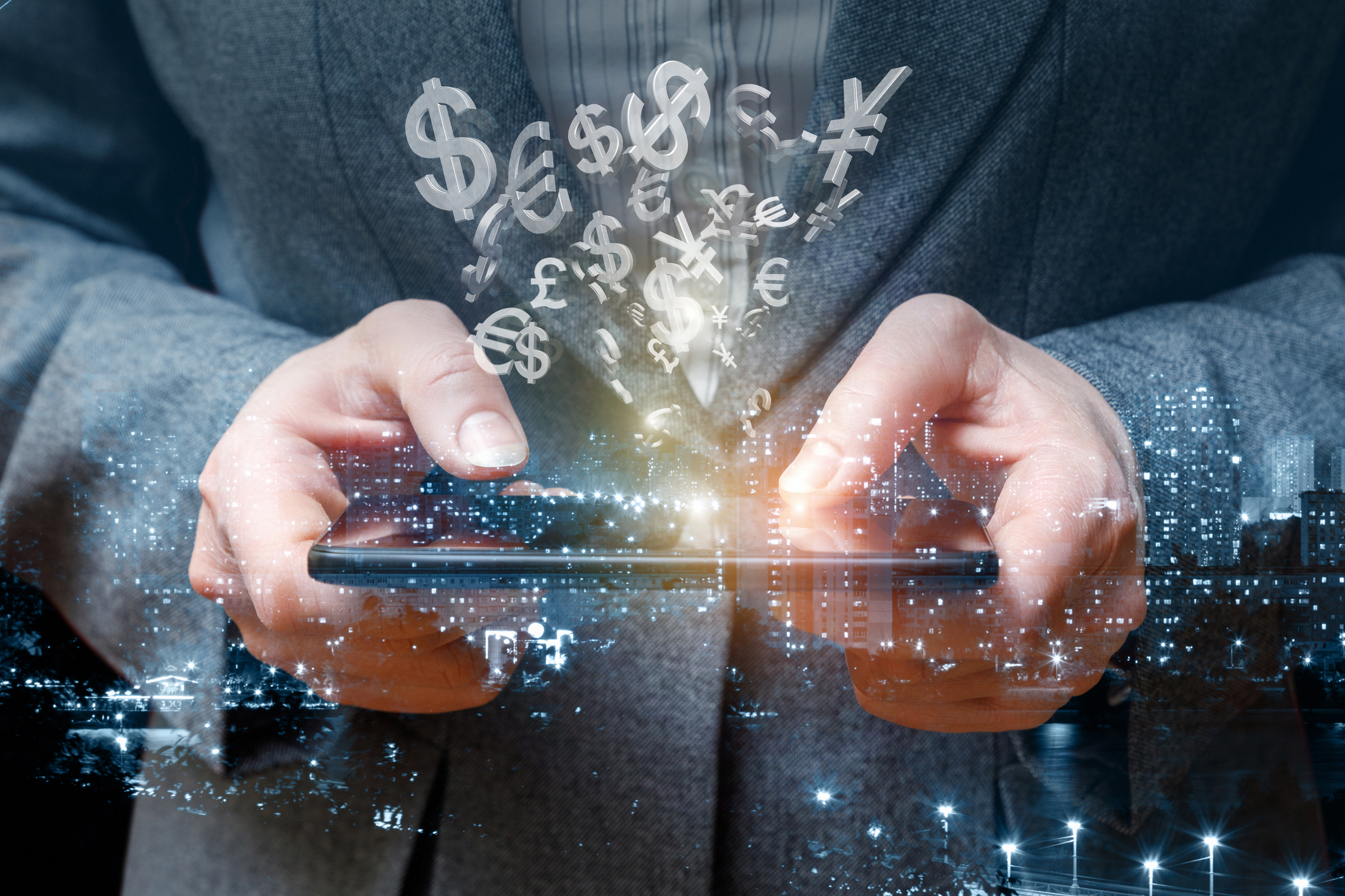 Businesswoman running with money in the tablet .