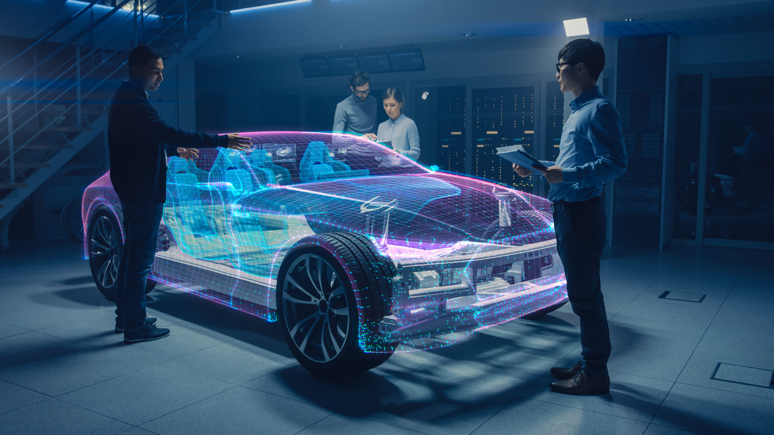 Group,Of,Automobile,Design,Engineers,Working,On,Augmented,Reality,3d