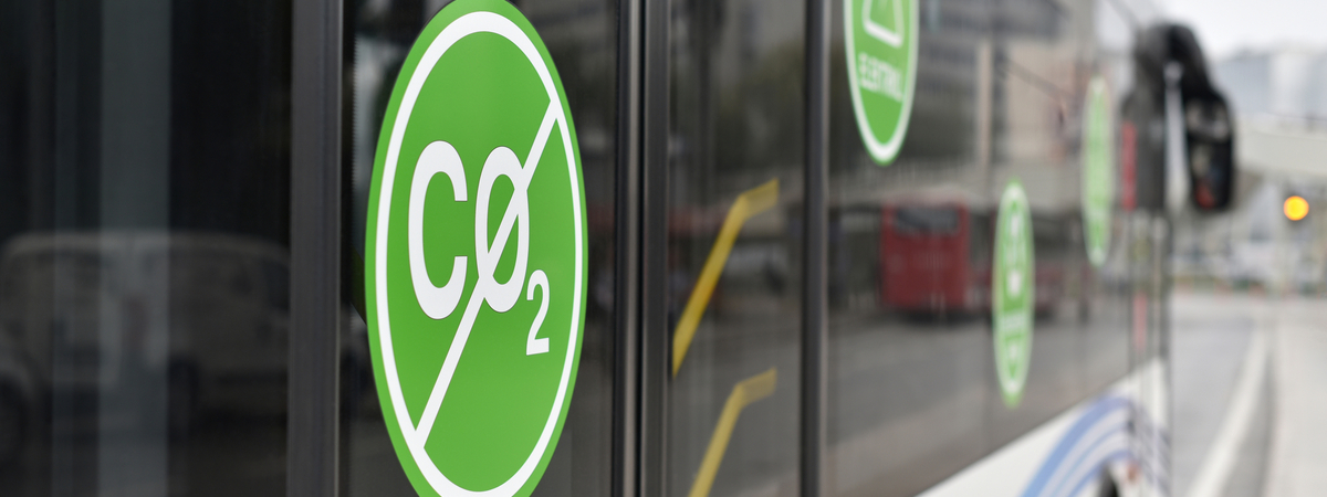 City electric bus. Selective focus on sign without Carbon dioxide CO2