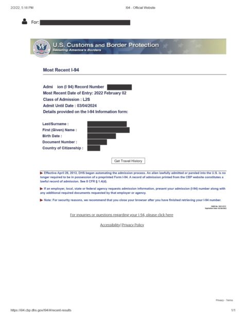 Sample I-94 Form