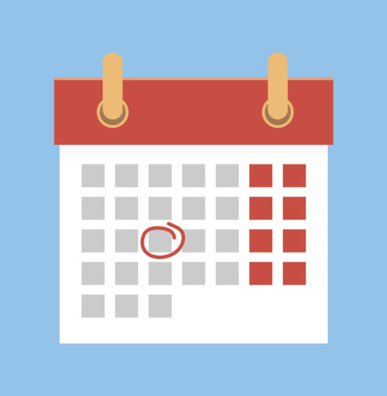 Illustration of red and white calendar with circled date in red against sky blue background