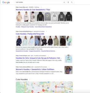 screenshot of organic search results cute hoodies