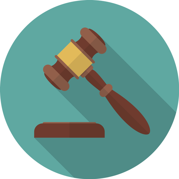 Judge gavel or auction hammer icon with long shadow.