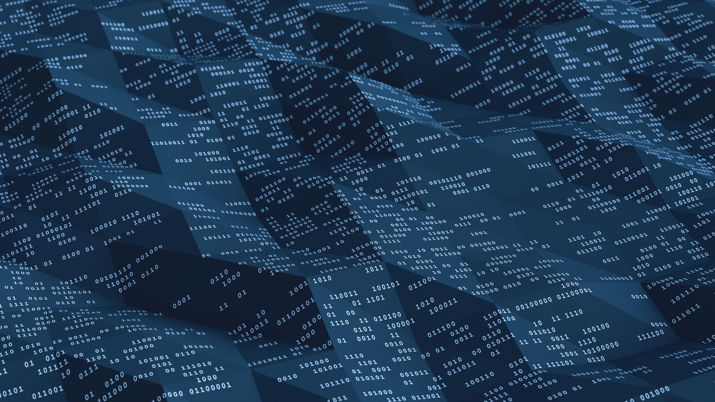 Uneven dark blue triangular surface with binary computer data. Conceptual design in the domain of data, virtual reality, computing and technology.