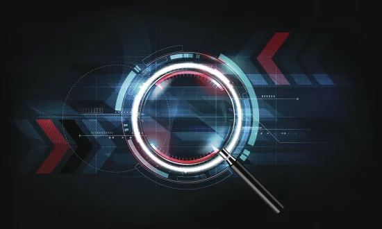 magnifying glass, search concept and futuristic technology background, vector illustration