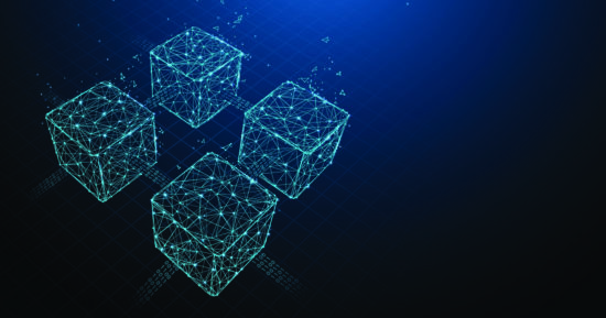 Blockchain form lines, triangles and particle style design. Illu