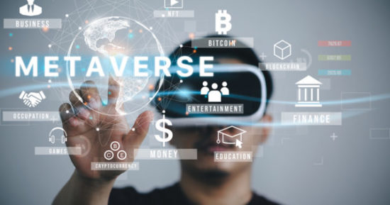 Man wearing VR glasses virtual Global Internet connection metaverse with a new experience in metaverse virtual world."nMetaverse technology concept Innovation of futuristic.
