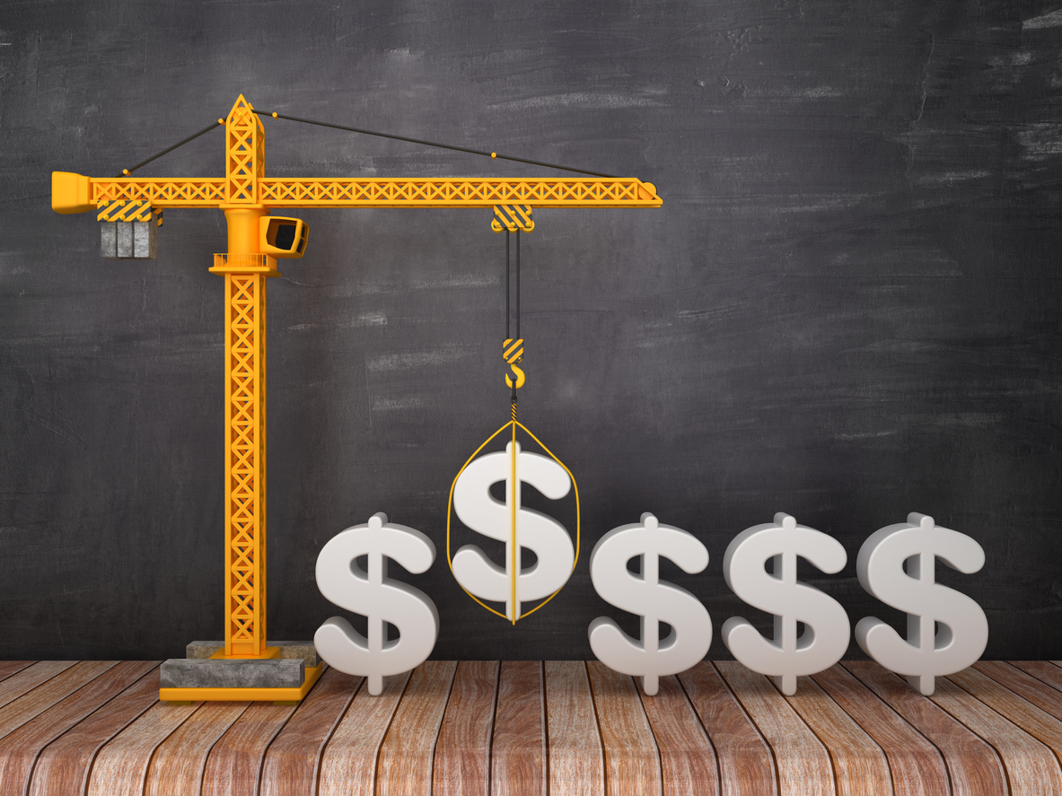 Tower Crane with DOLAR SIGN on Chalkboard Background - 3D Rendering